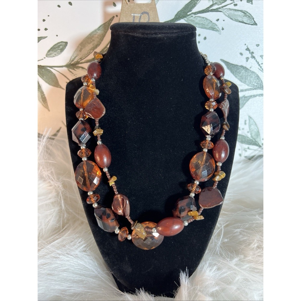 Vintage Boho Statement Necklace Chunky Beads Warm Amber Earth Tones Elegant